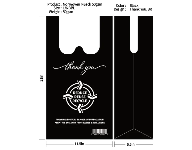 1/6 BRL Non Woven 50gsm T-Sack Black 500ct