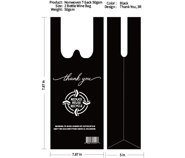 2 Bottle Non Woven 50gsm T-Sack Black 500ct